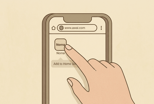 Browser address bar showing the Noma URL, or a finger tapping Add to Home Screen