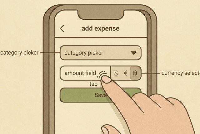 Noma add expense form with a category picker and amount field with a currency selector visible