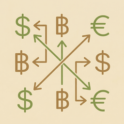 Currency symbols (dollar, baht, euro) with arrows between them, conveying confusion or scattered currencies