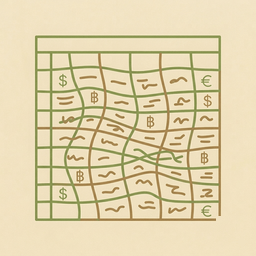 Messy spreadsheet or tangled grid, conveying complexity and frustration of manual currency tracking