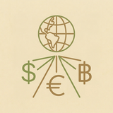 Currency symbols (THB, EUR, USD) converging into one, representing multi-currency support
