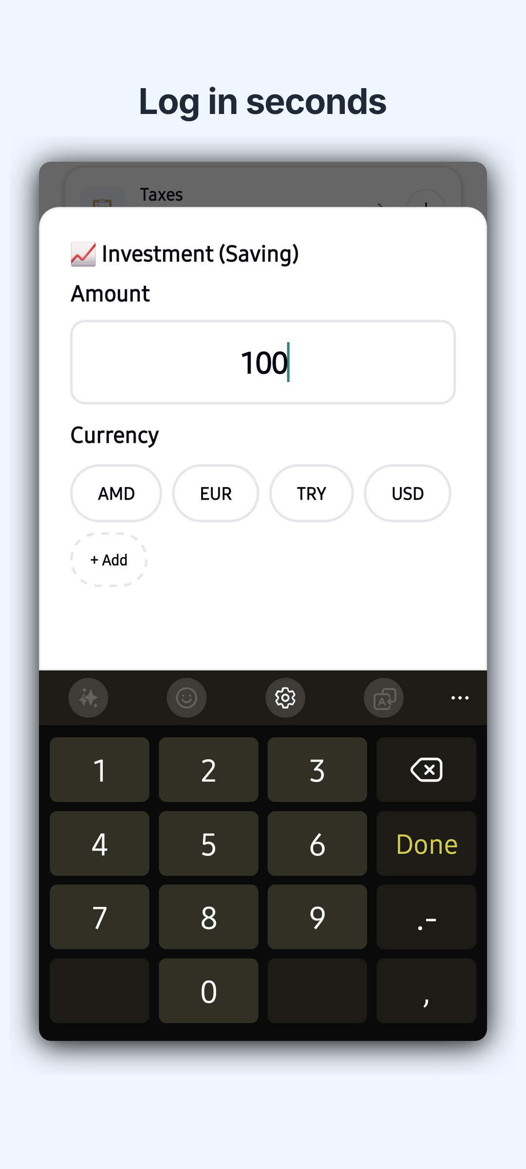 Noma add transaction form with category, amount and currency picker