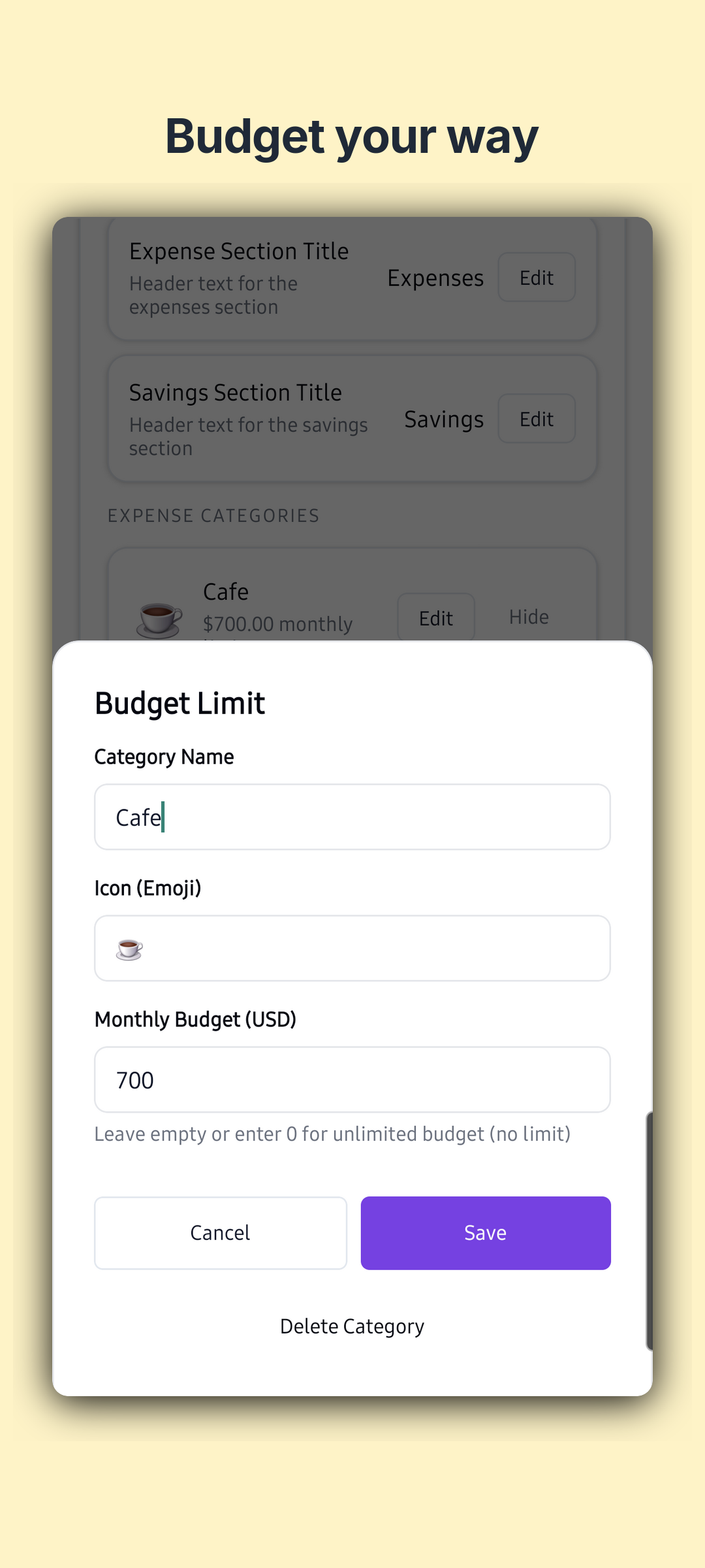 Noma budget tracking view with per-category spending bars and limits