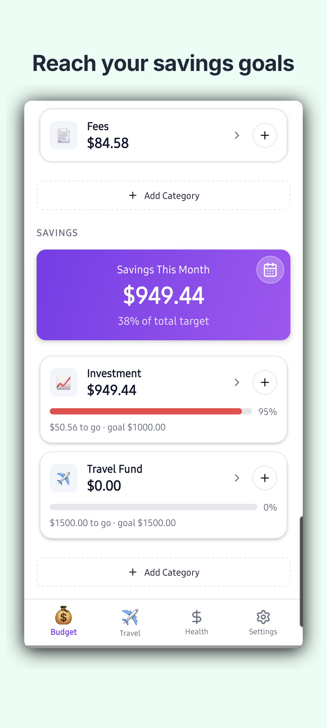 Noma savings goals view with progress toward each target